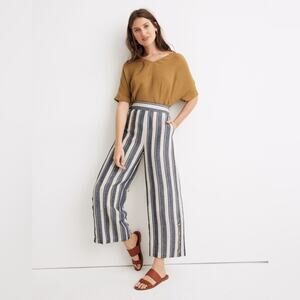 Madewell Side-Button Huston Pull-On Crop Ankle Pants Indigo Stripe Linen Blend S